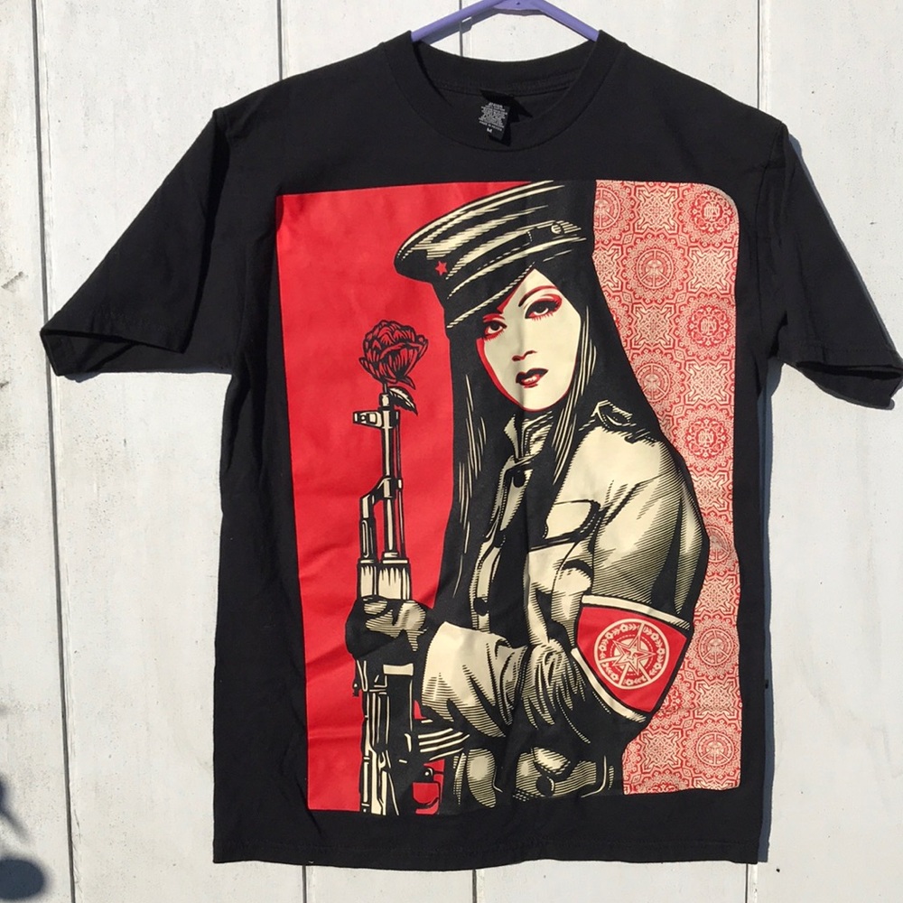 Obey • Peace Guard female soldier rose black T-shirt